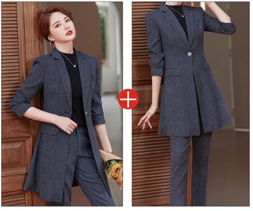 Women Work Business Wear Pant Suit Plaid Long Blazer 2 Pieces Set Female Office Ladies Jacket and Trouser2