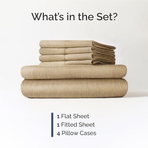 Image of King 6 Piece Bed Sheet Set - Breathable & Cooling Sheets - Heathered Tan | Ultra Soft Hotel Luxury Bedding Set w / 8-16 Inch Deep Pockets - 1 Flat & 1 Fitted Sheet & 4 Pillowcases - Wrinkle & Fade Free