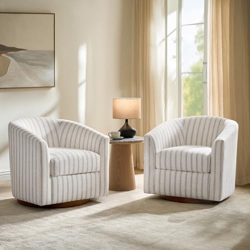 Image of HULALA HOME Modern Swivel Accent Chairs Set of 2 with Solid Wood Base, Round Swivel Barrel Chairs with Striped Pattern, No Assembly Required, Stripe