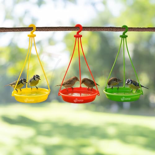 Image of OnlineTree Bird Feeder Hanging Tray for Water | Multi-Color Pack of 3 (Red, Yellow, Green) | Outdoor Bird Water Feeder for Balcony, Garden & Terrace | Hanging Water Bowl for Wild & Pet Birds