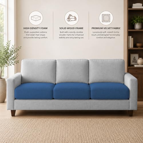 Image of Casaliving Gladino Modern Velvet Fabric Sofa, Tufted Design Upholstered 3 Seater Sofa Set for Living Room, Premium Velvet Fabric Sofa (Blue Grey)