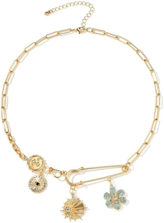 Charm Necklace for Women Chunky Plated Necklace Evil Eye Sun Pendant Statement Rhinestone Chain - Image 2