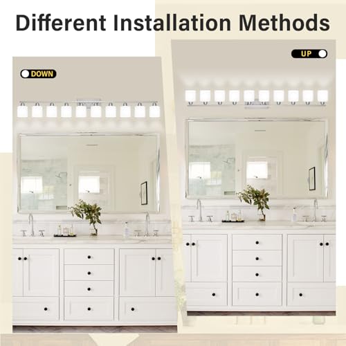 Image of Brushed Nickel Bathroom Sink Lighting Fixtures for Giant Mirror, Anti-Rust Finish 65 inch 10 Light Bathroom Vanity Light Fixtures Modern with Milky White Frosted Glass