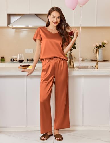 Image of Ekouaer Women's Satin Silky Pajama Set 2 Piece Short Sleeve Shirt with Long Pants Pjs Sets Soft PJ Loungewear S-XXL