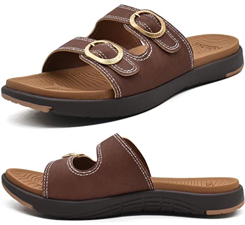 COFACE Womens Orthotic Slides Comfort Plantar Fasciitis Arch Support Slip on Flat Sandals Ladies Soft Cushion Fashion Yoga Mat Sliders With Adjustable Straps, Brown Size 9