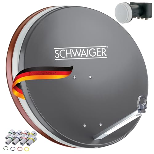 SCHWAIGER 548 Installation Sat Kit Satellite Parabole Quad LNB numérique 8X fiches F 7mm Antenne Sat en Aluminium Kit Complet Anthracite 74,5 x 84,5cm