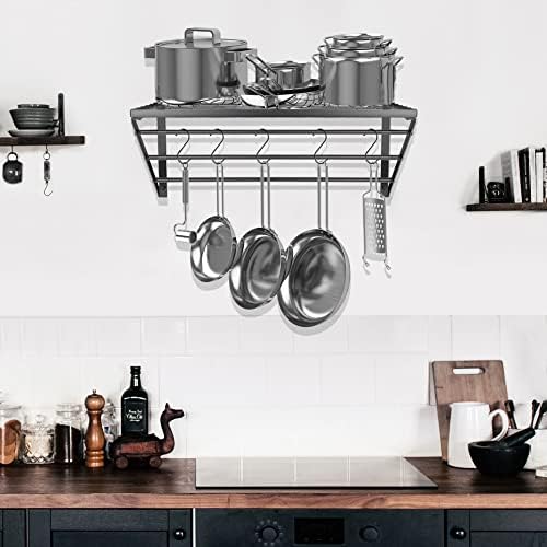 Clastyle Pot Pan Rack Wall Mounted - Saucepan Rack for Kitchen Hanging with 10 Hooks, Stainless Steel, Matte Black