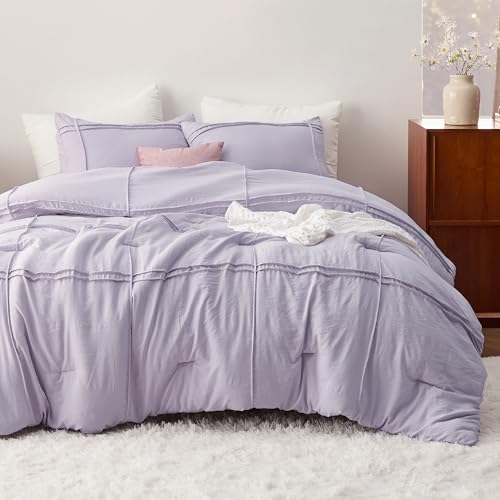 Bedsure Twin Comforter Set with Sheet - 3 Pieces Soft Lavender Purple Bedding, Grid Pinch Pleat, All Season Lightweight Fluffy Bed Set with Solid Boho Comforter, Pillowcase & Sheet