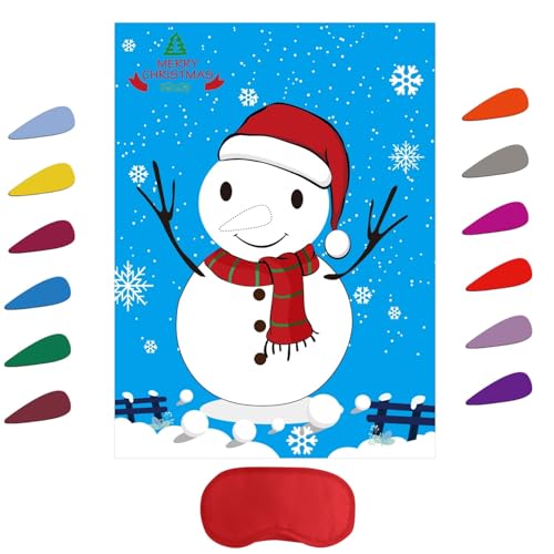 FEPITO Christmas Games for Pin The Nose on The Snowman Holiday Christmas Party Games with 24 Noses and Blindfold for for Christmas Party Supplies, New Year Xmas Gifts