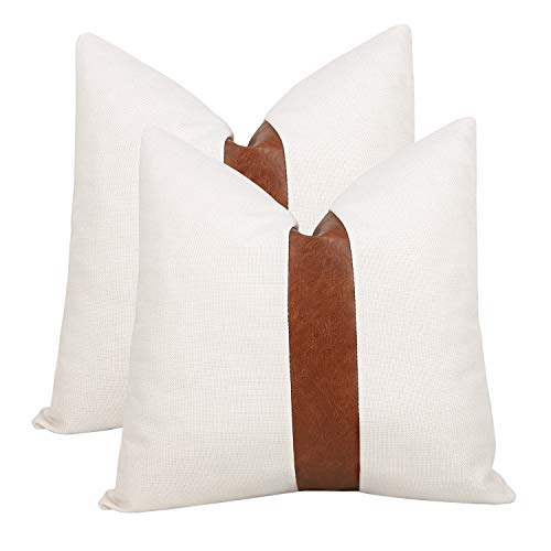 cygnus Set of 2 White Linen Patchwork Faux Leather Throw Pillow Covers for Couch Living Room Bedroom, Modern Accent Decor Square Covers 18X18 inch, Brown and White