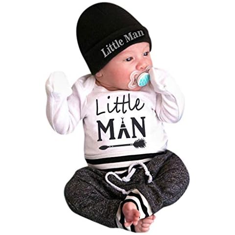 Boys Clothing Sets, SHOBDW Newborn Baby Girls Striped Letter Print Long Sleeve Tops + Pants + Hat Casual Autumnal Clothes (0-3 Months, New to The Crew) Cover
