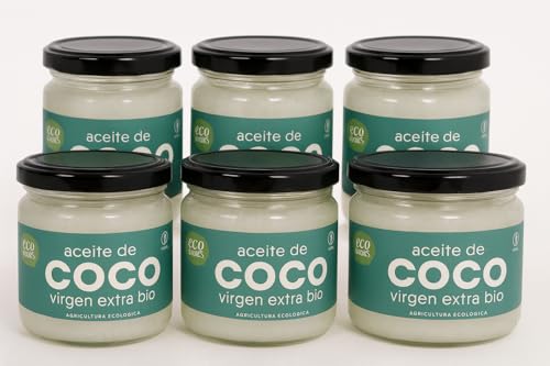 Pack 6x Aceite de Coco Virgen 200 ml | EcoBasics Bio | 100% Natural y Ecológico | Uso Alimentario y Cosmético | Prensado en Frío | Sin Aditivos