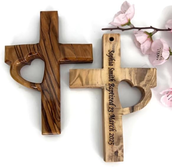 Personalized Engraved Wooden Cross, Holy Land Olive Wood Cross with Heart for Wall, Custom Baptism Gift, Confirmation Cross, First Holy Communion Gifts for Girls, Christening Crucifix For Boys
