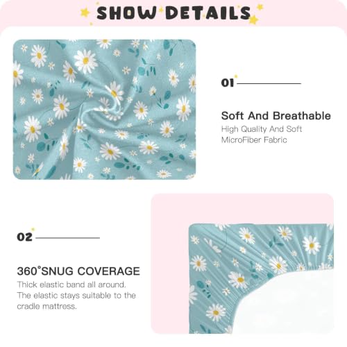 Image of Crib Sheet Breathable Soft Crib Mattress Sheet for Baby Toddler Boys Girls Fitted Pack n Play Crib Sheet Fit Standard Crib Mattress 52 x 28 Inch Simple Blue Daisy
