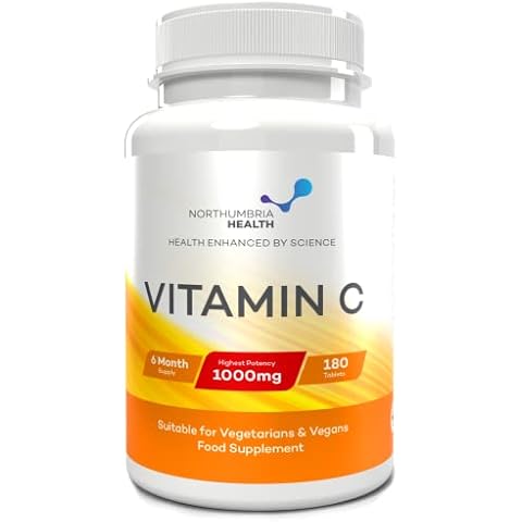 Northumbria Health Vitamin C 1000mg Tablets, High Strength Ascorbic Acid, Antioxidant Immune System Booster, Vegan Food Supplements, Made in The UK, 180 Tablet Count Cover