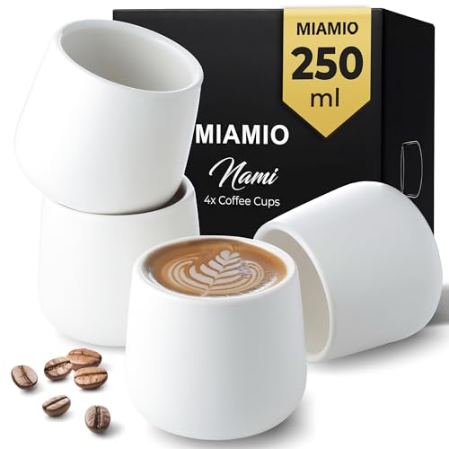 MIAMIO - Lot de 4 tasses en céramique (250 ml) / Tasses en céramique sans anse/Mugs à café, tasses à café, tasses à cappuccino (Blanc)