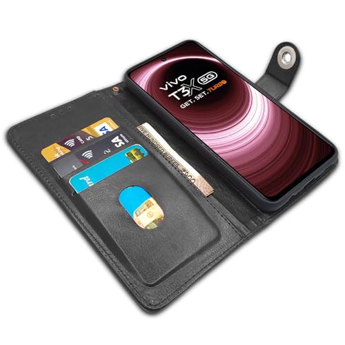 Image of Pikkme Vivo T3x 5G / Vivo Y200i 5G Flip Cover Leather Finish | Inside TPU with Card Pockets | Wallet Stand and Shock Proof | Complete Protection Button Flip Case (Black)