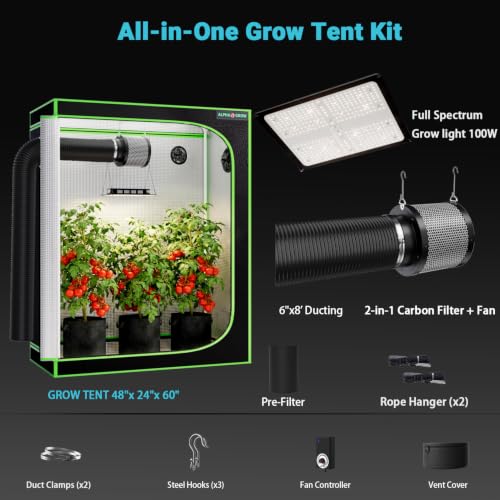2x4 Complete Grow Tent Kit with LED Grow Light and Fan Filter, 48"x24"x60" 1680D Mylar Indoor Grow Tent System with AG1000 100W Full Spectrum Light, 6 Inch 2-in-1 Carbon Filter Fan, Black Ducting - Image 9