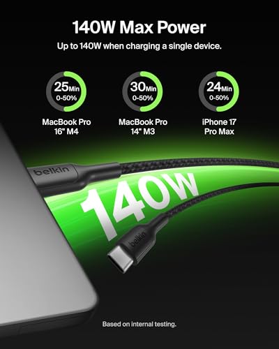 Image of Belkin 2-in-1 USB C to USB C Cable 140W, 5ft Braided Dual Charging Cable - Fast-Charging Combo Cord w /Smart Power Sharing for MacBook, iPhone, iPad, Samsung, Pixel, & More - Travel Essentials - Black