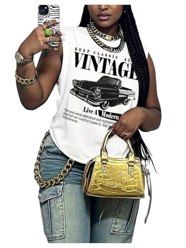 RoseSeek Womens Vintage Graphic Car Print Summer Tank Top White