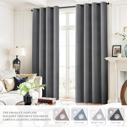 Yakamok Grey Room Darkening 100% Blackout Curtains Grommet Window Treatments with 2 Thick Layers-Gray Thermal Insulated Drapes Set of 2 Panels for Bedroom Living Room 52 Inches by 63 Inches Length