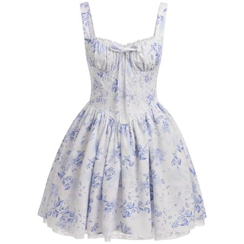 OBEEII Damen Floral Korsett Minikleid Quadratischer Ausschnitt Spaghettiträger Sommer Boho Sommerkleid Blumendruck Schnürung Tailliertes Kleid, blau, blumenmuster, L