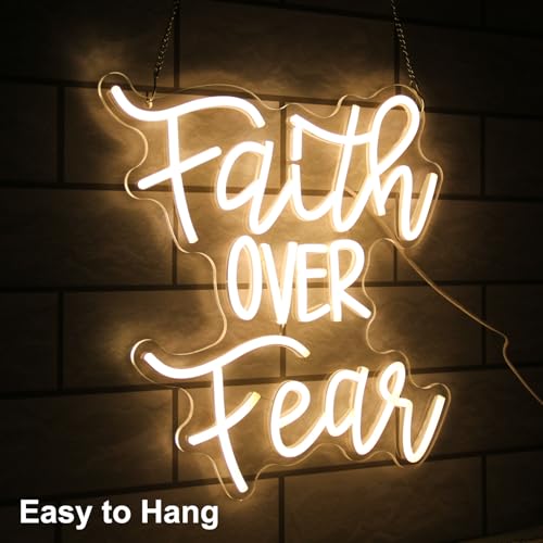 Image of Faith Over Fear Neon Sign Christian LED Neon Light for Bedroom Church Decor | Dimmable Jesus LED Sign, Warm White Letter Neon Light Sign, Christian Religious Sayings, USB Powered, Acrylic Wall Art, Gifts