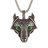 Men'S Gothic Punk Hip-Hop Rock Viking Horde Wolf Pendant Necklace,Set With Green Resin Beads, 316L Stainless Steel, Silver Stainless Steel Square Pearl Chain, Retro Talisman Jewelry