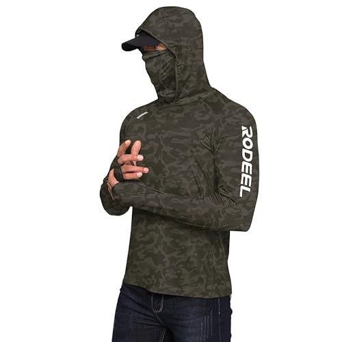 Rodeel Men's UPF 50+ Performance Fishing Hoodie, Long Sleeve Sun Protection Quick-Dry Breathable Athletic Tee