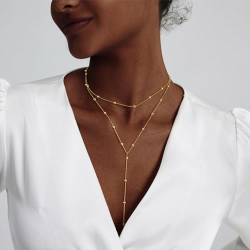 gold necklace for women trendy lariat y necklace dainty 14k gold platedsilver long necklaces for women layered beaded drop necklaces simple y-shaped chain jewelry gifts
