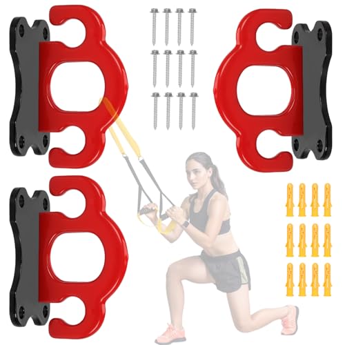 BigKing - 3 anclajes de pared para bandas de resistencia, suspensión de anclaje, Sling Trainer gancho de techo para fitness, musculación, fisioterapia, estiramientos, yoga (rojo)