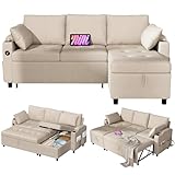 YODOLLA Schlafsofa 3-in-1, Umschaltbare Chaiselongue Sofa, Leder Schlafsofa mit Bettkasten, USB-Ports & Tassenhalter, Ausziehsofa für Wohnzimmer & Wohnung, Beige
