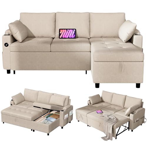 YODOLLA Schlafsofa 3-in-1, Umschaltbare Chaiselongue Sofa, Leder Schlafsofa mit Bettkasten, USB-Ports & Tassenhalter, Ausziehsofa für Wohnzimmer & Wohnung, Beige