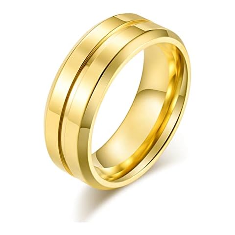 AHLOE JEWELRY CEJUG 14K Gold Titanium Rings for Men Men's Wedding Bands Stainless Steel Engagement Ring High Polish Grooved Edge Size 8 Cover