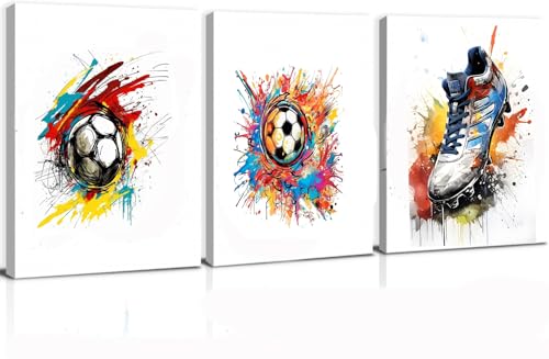 Lot de 3 posters aquarelle de football pour chambre d'enfant garçon,Tableau mural avec cadre Poster Football Chambre D'enfant,Décoration Murale de Salon pour...