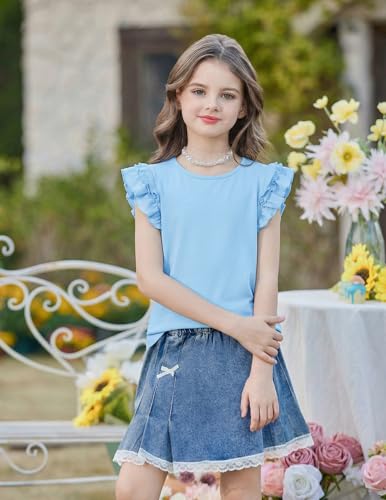 Image of Arshiner Girls 2 Piece Outfits Summer Clothes Ruffle Short Sleeve Shirts Top and High Waist Paper Bag Shorts Set with Pockets