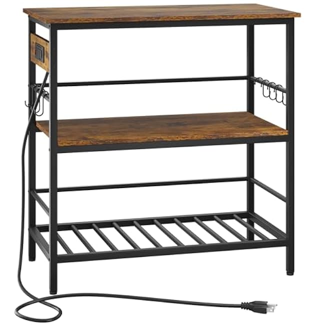 IBUYKE Kitchen Island with Storage, Bakers Rack with Power Outlet,Microwave Stand with Large Worktop,Rolling Bar Cart for Home, Outdoor, Kitchen,Rustic Brown and Black TMJ029H-QXsz2C8V