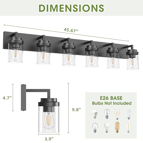 Image of Bathroom Vanity Light, 6 Light Bathroom Light Fixtures Over Mirror, Black Vanity Lights with Clear Glass Shade, Modern Bathroom Light Fixtures for Bedroom, Hallway