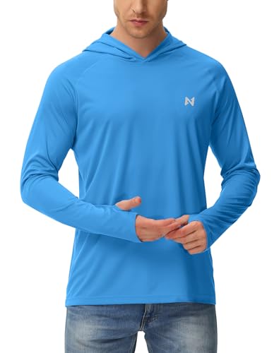 isnowood Sun Shirt UPF 50+ Men's Fishing Long Sleeve UV Protection Hoodie Hiking Rash Guard Swimming Running Blue