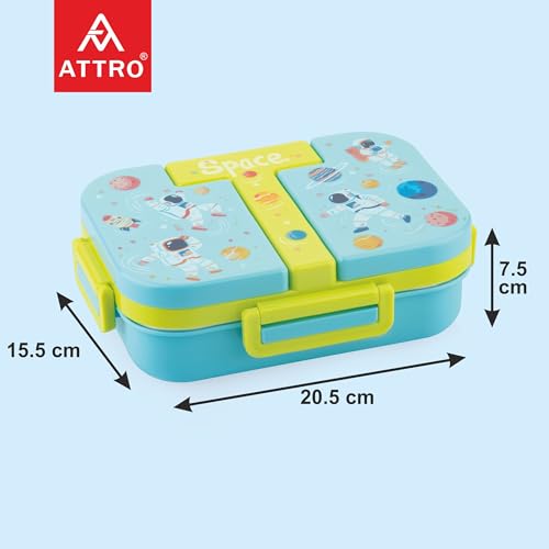 Image of ATTRO Tangy Bite Stainless Steel Lunch Box - 3 Compartment Bento Tiffin, Leak-Proof & Durable, Plastic Spoon, Ideal for Kids, School, Picnic-Light Blue Green- 600ml-Space Theme