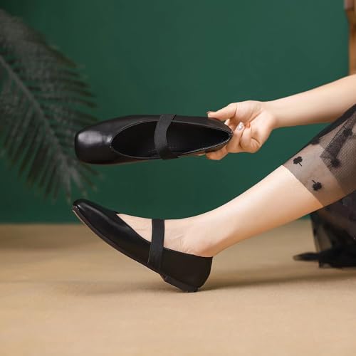 Hee grand Leather Flats for Women Comfortable Square Toe Mary Jane Shoes Elastic Strap Flats Lightweight Walking Shoes4