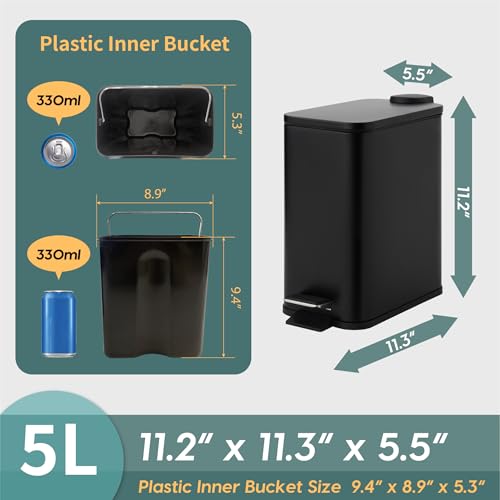 Image of SunnyPoint 5 Liter(1.32 Gallon) Small Trash Can with Plastic Inner Buckets; Rectangle Bathroom, Office, Kitchen, and Bedroom Step On and Slow Close