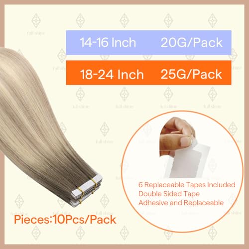Image of Full Shine Injected Tape in Hair Extensions Human Hair Medium Brown Fading to Ash Brown and Platinum Blonde 16Inch Virgin Invisible Tape in Extensions 20Gram 10Pcs for Daily