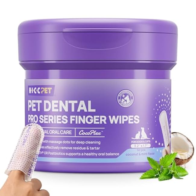 HICC PET Dog Dental Wipes & Cat Toothbrush and Toothpaste Alternative, Teeth Cleaning Wipes for Dogs & Puppies, Remove Plaque & Tartar, Fresh Breath Oral Hygiene, Pet Oral Care Wipes, 50 Count-N05oq7Ux