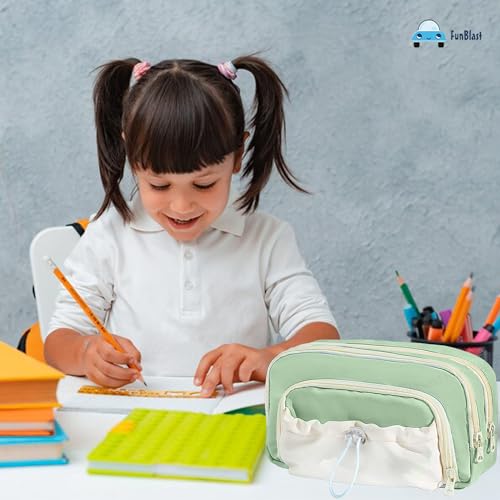 Image of FunBlast Pencil Pouch for Girls - Multiple Compartment Zipper Pouch with Drawstring Pocket, Aesthetic Pouch for Girls, Kawaii Pencil Case, Cute Pouches for Girl, Return Gift for Kids (Sea Green)