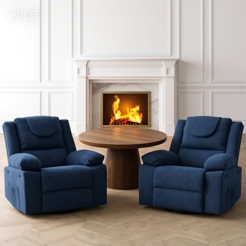 Image of Oversized Swivel Rocking Recliner Chair for Adults, 360 Swivel Glider Nursery Chair with Vibration Massage & Heat, Comfortable Single Sofa for Living Room Bedroom, Blue