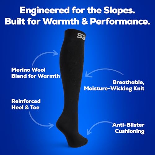 SB SOX Merino Wool Ski Socks for Men & Women (2 Pairs) - Warm Thermal Socks for All-Day Winter Wear (Solid Black, Large)