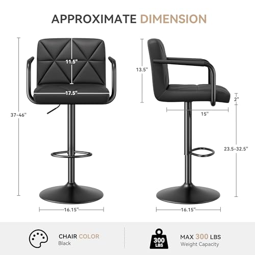 Butacos modernos ajustables Hatchsun, set de 2 taburetes giratorios para barra con respaldo, brazos y reposapiés, altura ajustable de 23,5 a 32,5 pulgadas, capacidad de 300 libras (Negro) miniatura 2