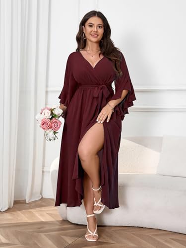 Womens Plus Size Dress Wedding Guest Cocktail Ruffle Half Sleeve Wrap V Neck Slit A Line Maxi Dresses with Belt4