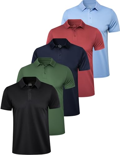 5 Pack Polo Shirts for Men Quick Dry Short Sleeve T-Shirts Performance Mens Golf Shirts for Work Athletic E XL